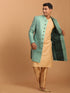 Vastramay Men's Green Silk Blend Sherwani With Rose Gold Kurta Pant Set